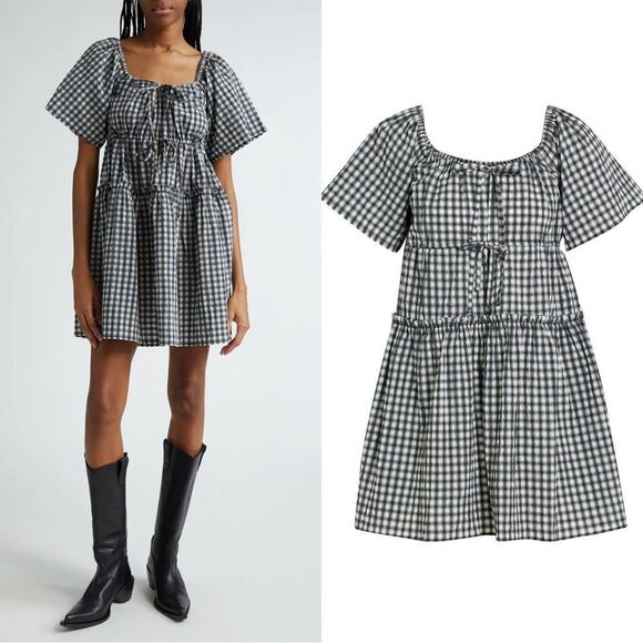 NWT GANNI Check Seersucker Tiered Minidress - Picture 1 of 10